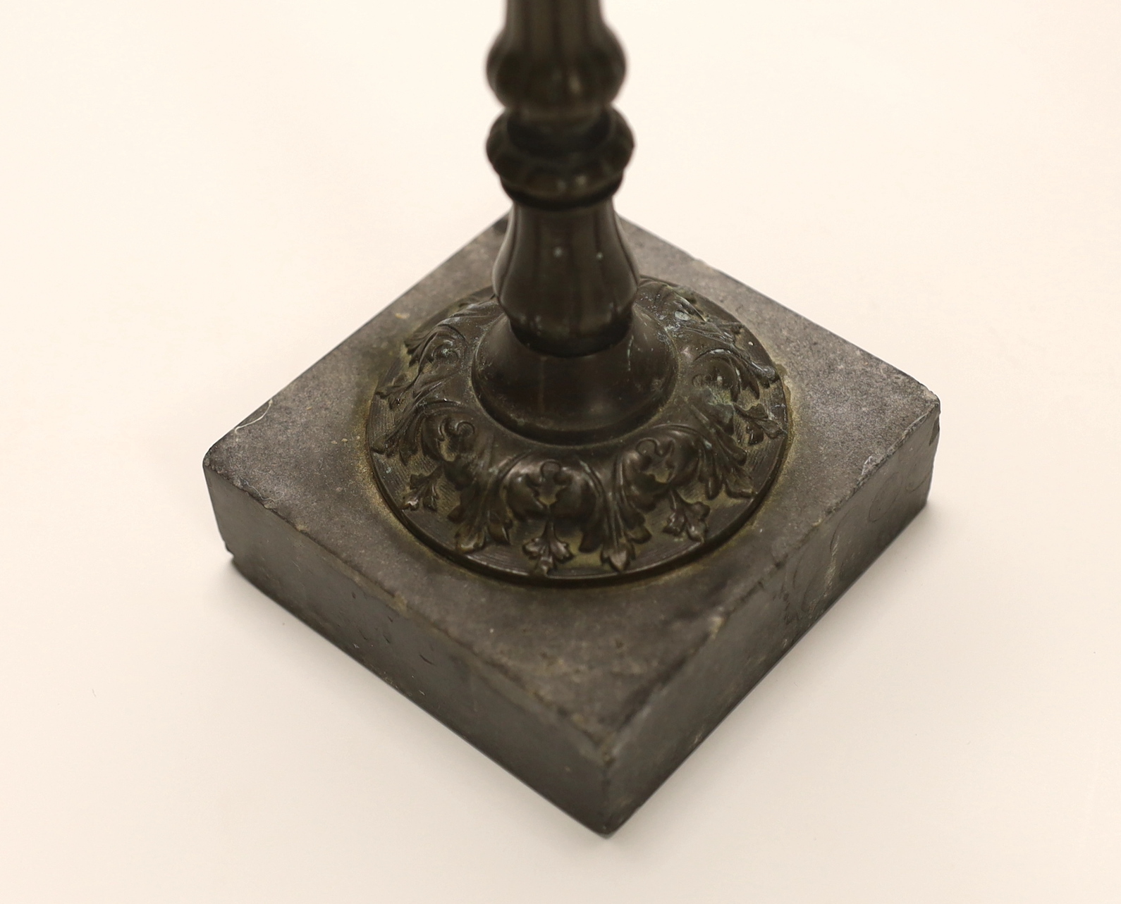A late 19th century bronze model of a street lamp, on a marble base, 31cm high